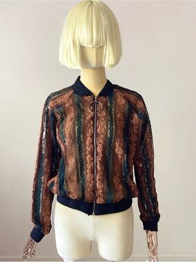 Jeff Gallano Vintage Striped Lace Bomber Jacket - black & Rust SZ 2